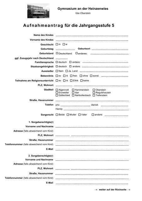 Formular Neuanmeldung Klasse 5 - Gymnasium an der Heinzenwies