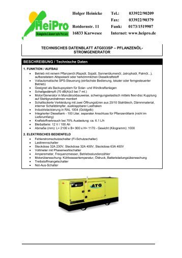 PflanzenÃ¶l Aggregat Generator 33 KVA (pdf 163kb) - HeiPro
