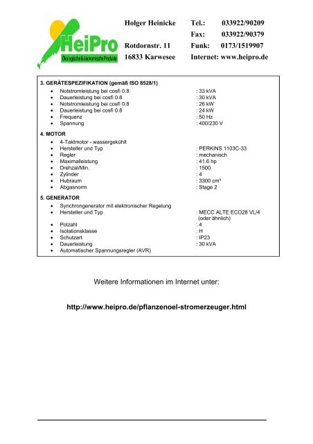 PflanzenÃ¶l Aggregat Generator 33 KVA (pdf 163kb) - HeiPro