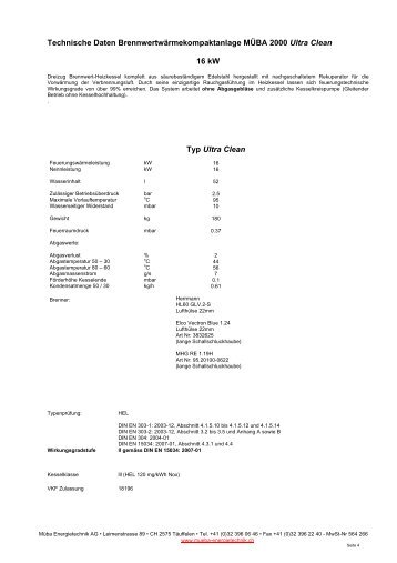 Technische Daten Typ Ultra Clean - Müba Energietechnik AG