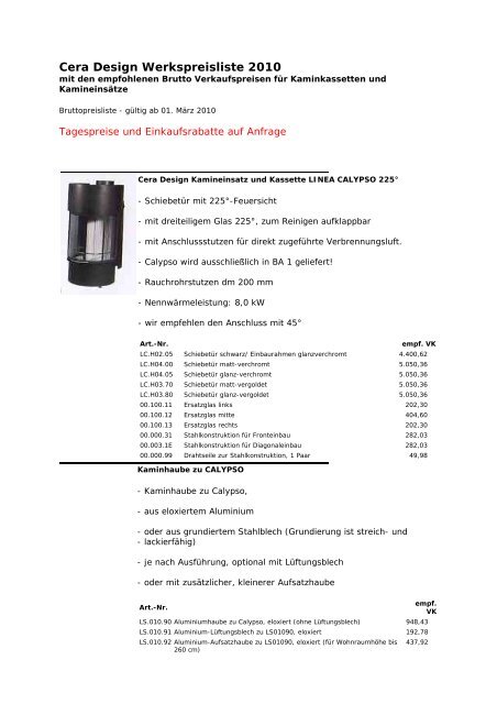 cera design preisliste und rabatte fÃ¼r kamine, kamineinsaetze ...