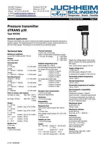 Pressure transmitter dTRANS p30 - Juchheim Solingen