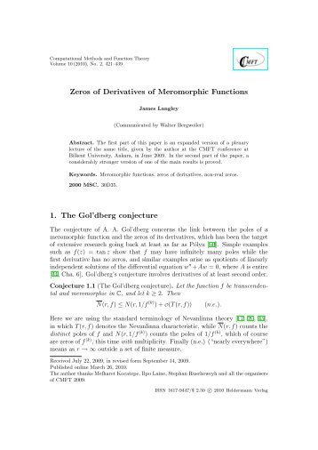 Zeros of Derivatives of Meromorphic Functions - Heldermann-Verlag