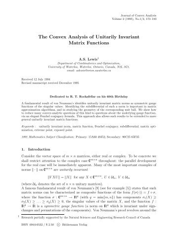 The Convex Analysis of Unitarily Invariant Matrix Functions - Cornell