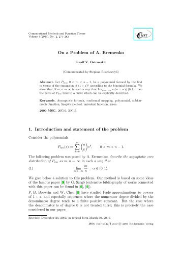 On a Problem of A. Eremenko - Heldermann-Verlag