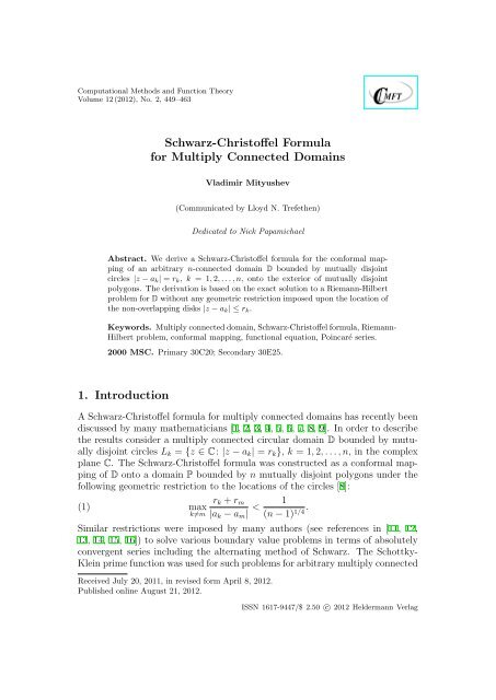 Schwarz-Christoffel Formula for Multiply Connected Domains