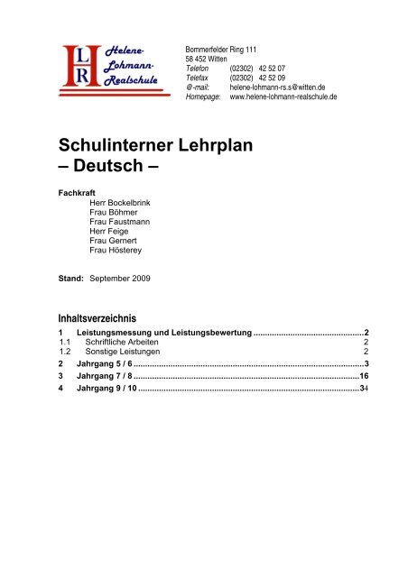 Schulinterner Lehrplan – Deutsch – - Helene-Lohmann-Realschule