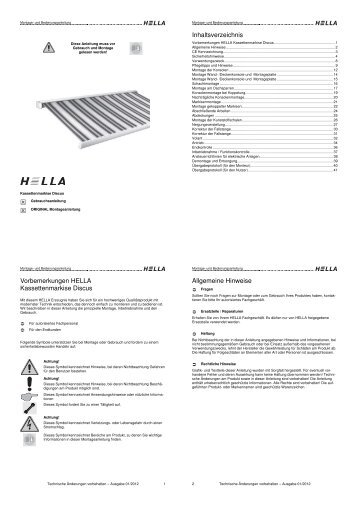Vorbemerkungen HELLA Kassettenmarkise Discus ... - Hella Specht