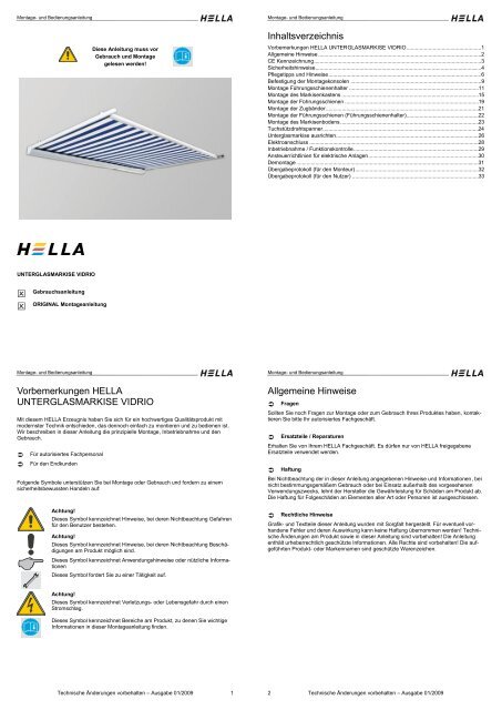 Vorbemerkungen HELLA UNTERGLASMARKISE ... - Hella Specht