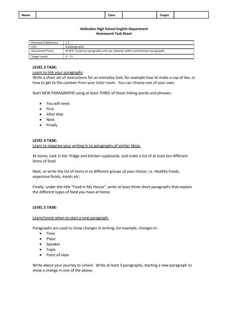 LEVEL 3 TASK: Learn to link your paragraphs. Write a short set of ...