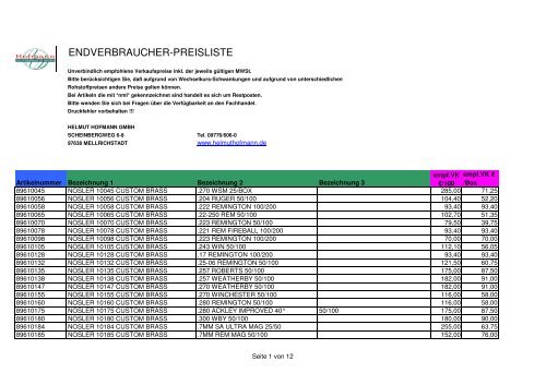 Preisliste NOSLER KOMPONENTEN - bei der Helmut Hofmann GmbH