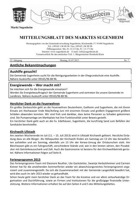Mitteilungsblatt Nr 7 2013 Sugenheim
