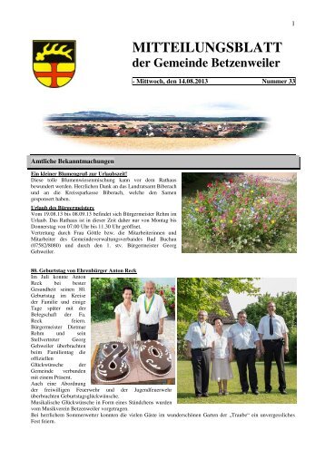 2013 Amtsblatt 33vom 14August2013 - Gemeinde Betzenweiler