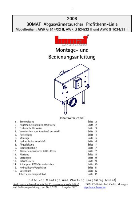 Montage- und Bedienungsanleitung - BOMAT Heiztechnik Gmbh