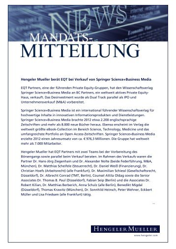 Hengeler Mueller berät EQT bei Verkauf von Springer Science+ ...