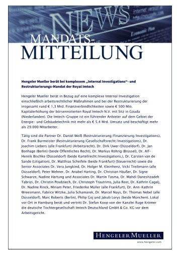 und Restrukturierungs-Mandat der Royal Imtech - Hengeler Mueller