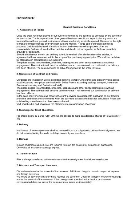 HENTZEN GmbH General Business Conditions 1. Acceptance of ...