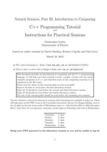 C++ Programming Tutorial Instructions for Practical Sessions