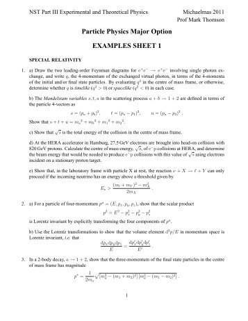 Particle Physics Major Option EXAMPLES SHEET 1