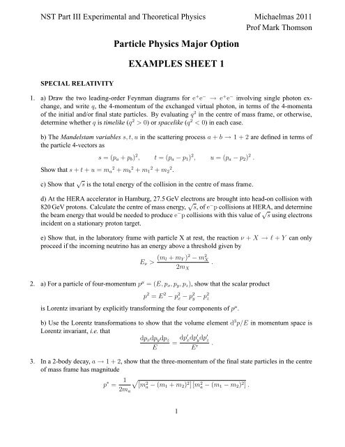 Particle Physics Major Option Examples Sheet 1