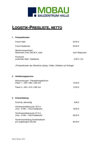 Logistik-Kosten-Preisliste - MOBAU Bauzentrum Halle