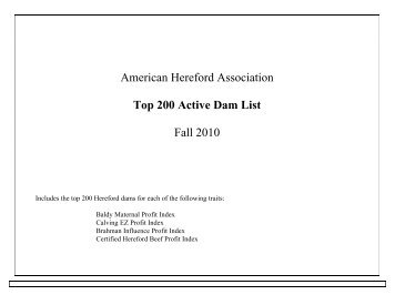 American Hereford Association Top 200 Active Dam List Fall 2010