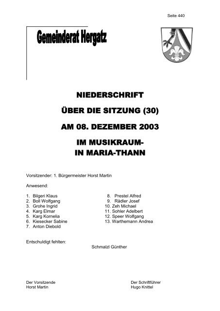 Protokoll der Sitzung Nr. 30 vom 08. Dezember 2003 - Gemeinde ...