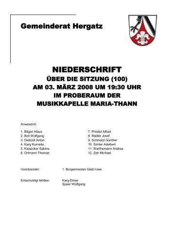 Protokoll der Sitzung Nr. 100 vom 03. März 2008 - Gemeinde Hergatz