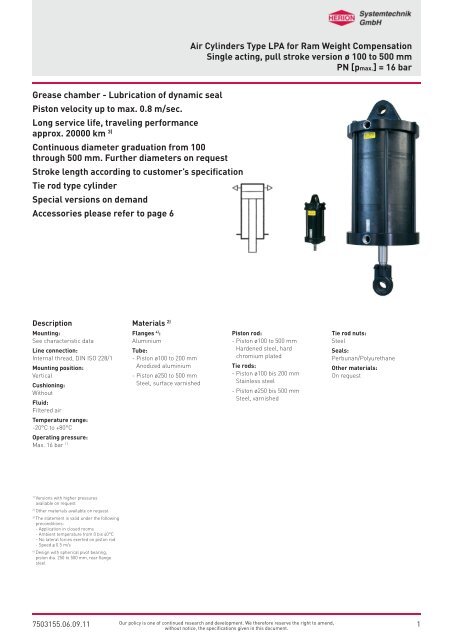 Ram Rig Compensation Air Cylinders Type LPA for Ram Weight Compensation Single acting ...