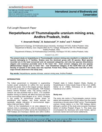 Herpetofauna of Thummalapalle uranium mining area, Andhra ...