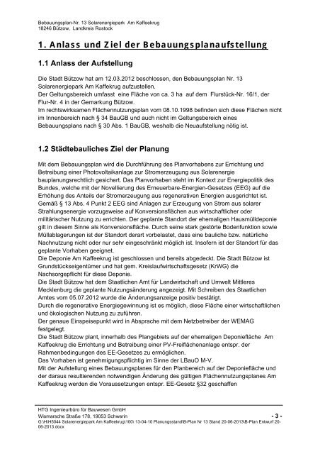 Stadt Bützow Bebauungsplan Nr. 13 Solarenergiepark - Am ...