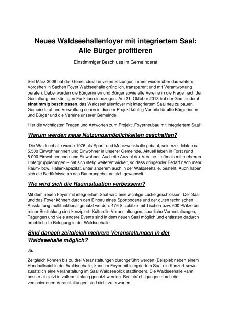 Fragen &Antworten zum neuen Waldseehallenfoyer ... - Forst in Baden