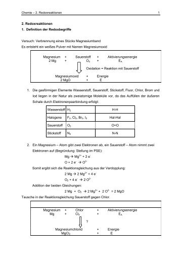 2. Redoxreaktionen 1. Definition der Redoxbegriffe Versuch ...