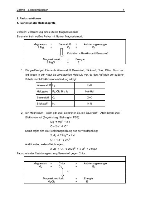 2. Redoxreaktionen 1. Definition der Redoxbegriffe Versuch ...