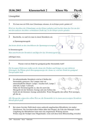 18.06.2003 Klassenarbeit 2 Klasse 9fa Physik