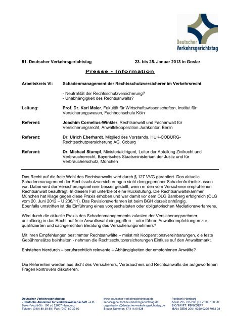 51. Deutscher Verkehrsgerichtstag 23. bis 25. Januar 2013 in Goslar ...