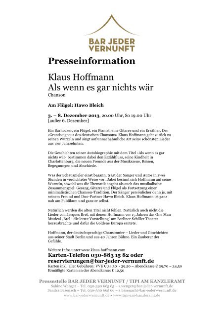 Presseinformation Klaus Hoffmann Als wenn es ... - Bar jeder Vernunft