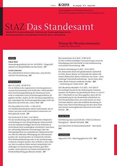 Inhaltsverzeichnis StAZ-Heft 8/2013 - Verlag für Standesamtswesen