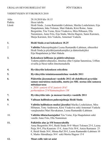 URJALAN HEVOSURHELIJAT RY PÃYTÃKIRJA ... - Hessi-Talli