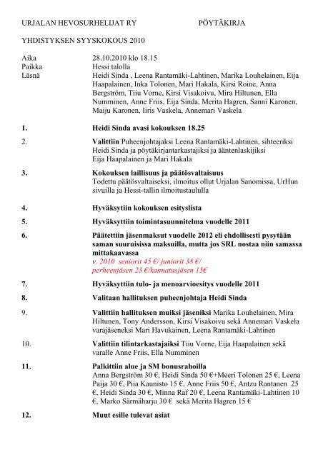 URJALAN HEVOSURHELIJAT RY PÃYTÃKIRJA ... - Hessi-Talli