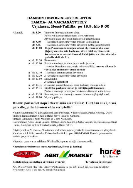 HÃMEEN HEVOSJALOSTUSLIITON TAMMA- JA ... - Hessi-Talli