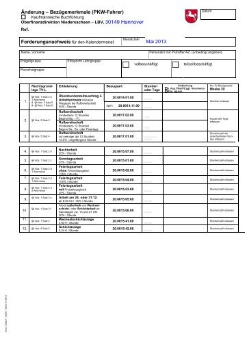 TVL-Forderungsnachweis (PKW-Fahrer, Vordr ... - Niedersachsen