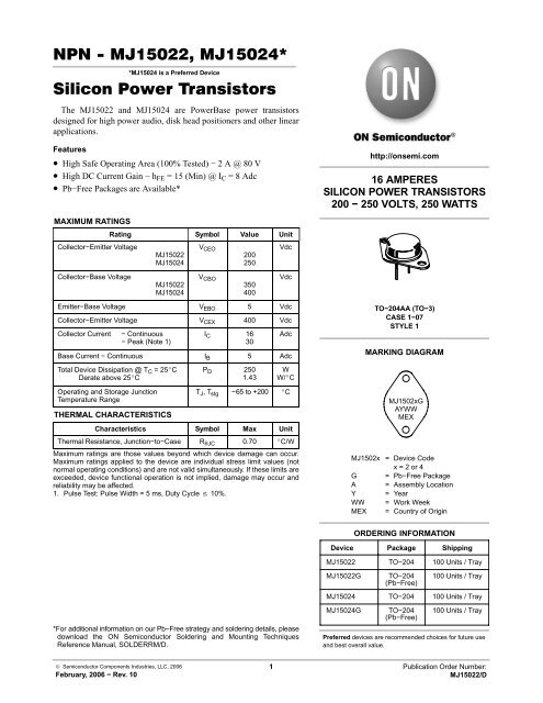 NPN â MJ15022, MJ15024* Silicon Power Transistors - HEStore.hu