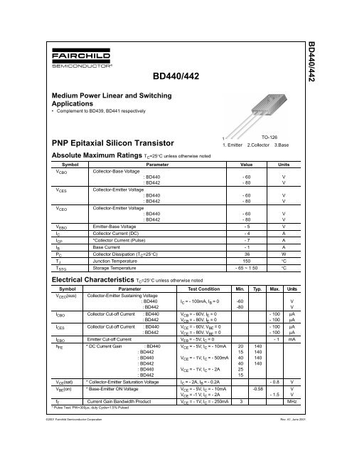 BD440/442 PNP Epitaxial Silicon Transistor