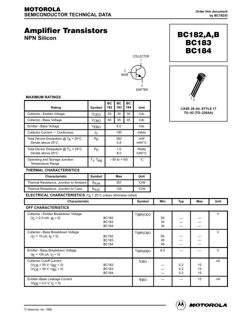 Amplifier Transistors BC182,A,B BC183 BC184 - Datasheet Catalog