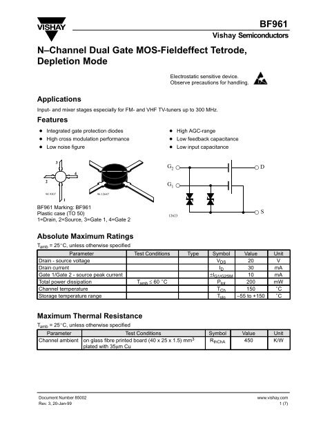 BF961 NâChannel Dual Gate MOS-Fieldeffect Tetrode, Depletion ...