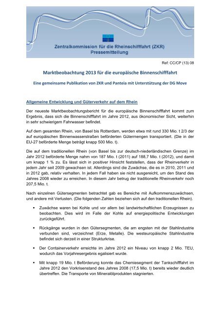 Marktbeobachtung 2013 für die europäische Binnenschifffahrt