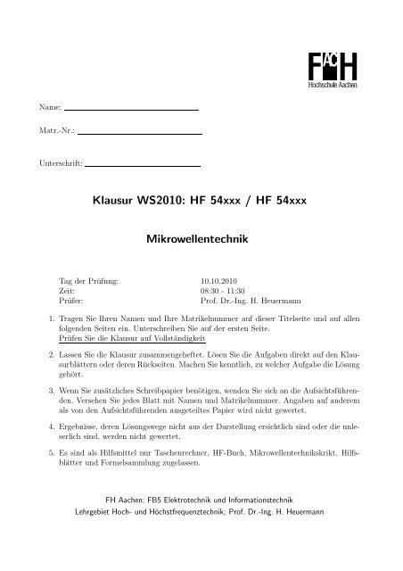 Klausur WS2010: HF 54xxx / HF 54xxx Mikrowellentechnik - Ing. H ...