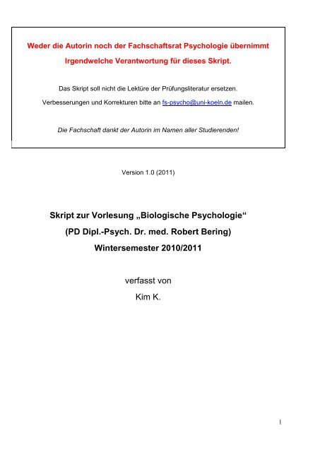 Skript zur Vorlesung „Biologische Psychologie“ (PD Dipl.-Psych. Dr ...