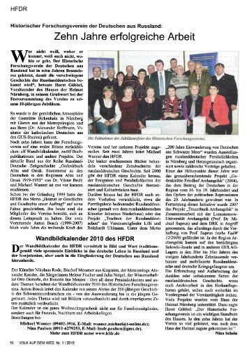 "Volk auf dem Weg", Ausgabe 1/2010 - Historischer Forschungsverein